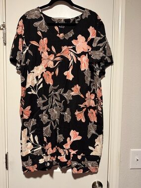 Nicole Miller Black Midi Dress with Coral and Cream Floral Print